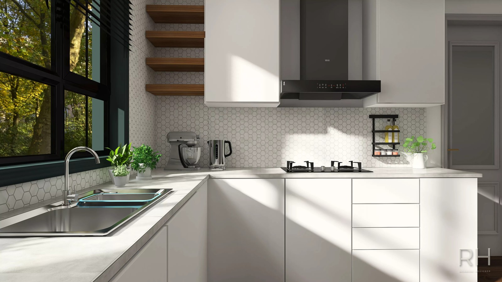 مطبخ أبيض بلمسات الجوز — تصميم روان حسن